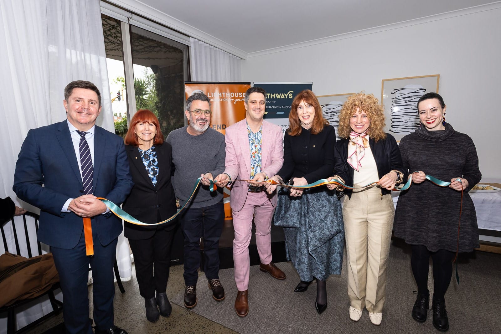 Ribbon cutting image left to right: Ashleigh Martin (Principal, Caulfield Grammar School), Susan Barton AM (Founder & Director, Lighthouse Foundation), Mark Stracey (Executive Director, Homelessness & Housing Support, Homes Victoria), Cr Alex Makin (Mayor, City of Port Phillip), Her Excellency Professor the Honourable Margaret Gardner AC (Governor of Victoria and Patron-in-Chief, Lighthouse Foundation), Leah Boulton (CEO & Founder, Pathways Melbourne), and Dassi Erlich (Director of Programs, Pathways Melbourne).
